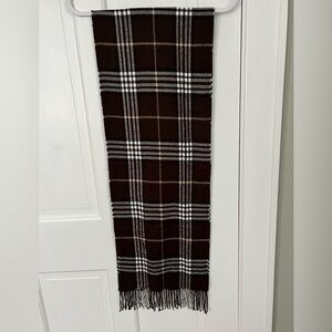 Cashmere 100% Made In Scotland Brown White Plaid Fringe Scarf Unisex One Size